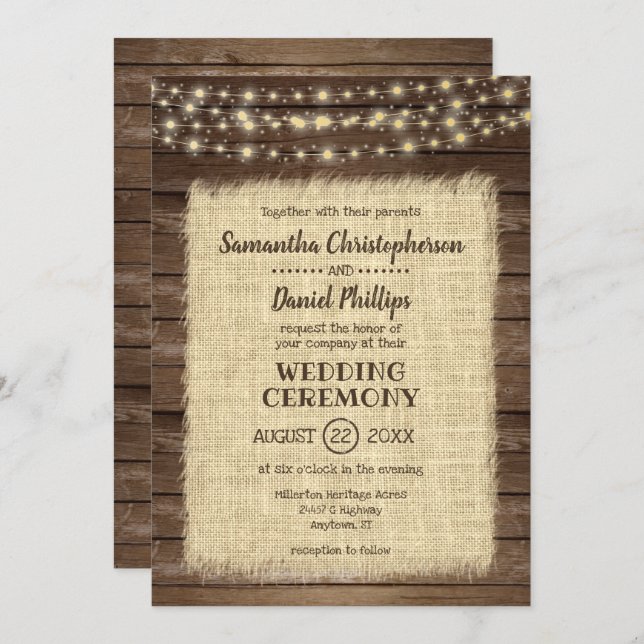 Invitation Bois rustique, Mariage de luminaires Burlap & Stri (Devant / Derrière)