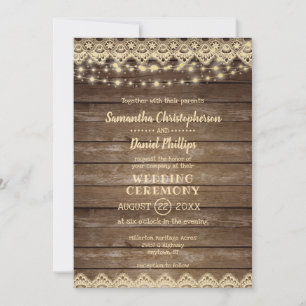 Invitation Bois rustique   Mariage dentelle et lumières