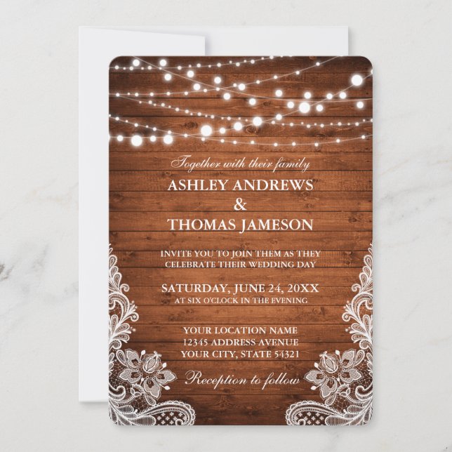 Invitation Bois Rustique Mariage Lumières Dentelle R (Devant)
