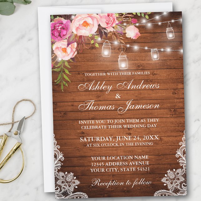 Invitation Bois Rustique Mariage Lumières Jarres dentelle ros (Customize to add more text or photos to back of card.)