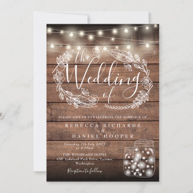 Invitation Bois rustique Mason Jar Éclairage Script Mariage (Devant)