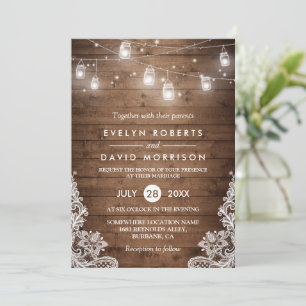 Invitation Bois Rustique Mason Jarres String Lights Mariage d