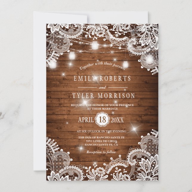 Invitation Bois Rustique Mason Jarres String Lights Mariage d (Devant)