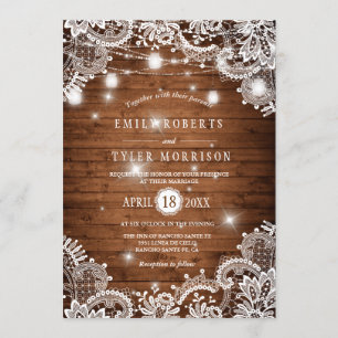 Invitation Bois Rustique Mason Jarres String Lights Mariage d