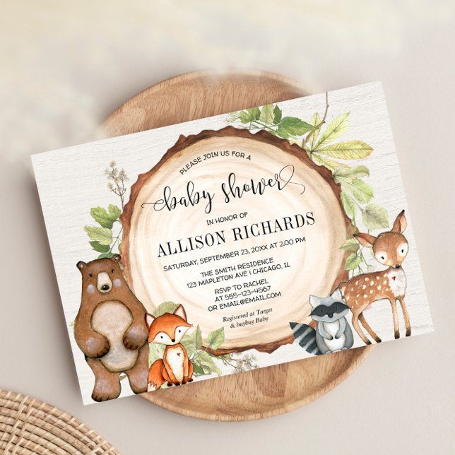 Invitation Bois rustique mignon animaux de forêt baby shower (Créateur téléchargé)