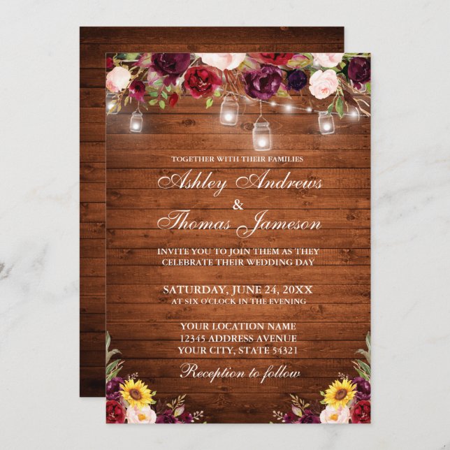 Invitation Bois rustique Mixte Floral Jar Lumières Mariage (Devant / Derrière)