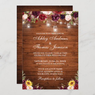 Invitation Bois rustique Mixte Floral Jar Lumières Mariage