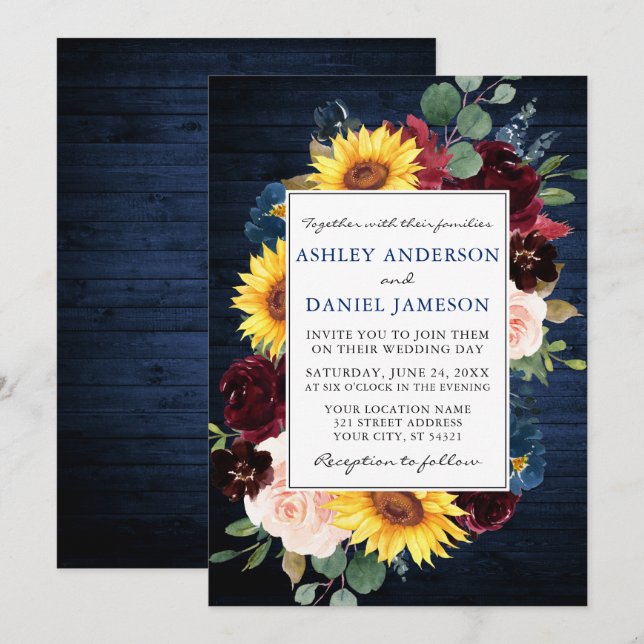 Invitation Bois rustique Mixte Mariage Floral Frame Bleu (Devant / Derrière)