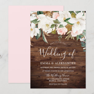 Invitation Bois rustique Moderne Blush & Fleurs Blanches Mari
