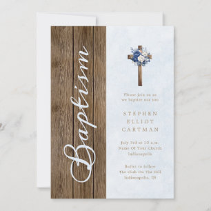 Invitation Bois Rustique Moderne Élégant Écriture Bleue Baptê