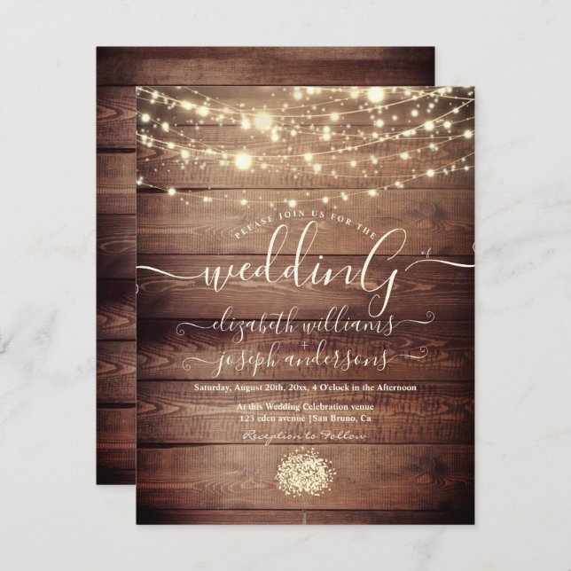 Invitation Bois rustique naturel et lumière blanche mariage à (Devant / Derrière)