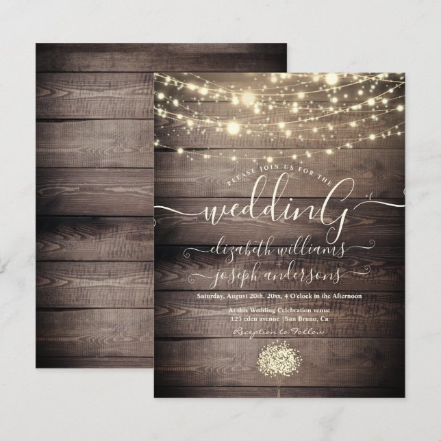 Invitation Bois rustique naturel et lumière blanche mariage à (Devant / Derrière)
