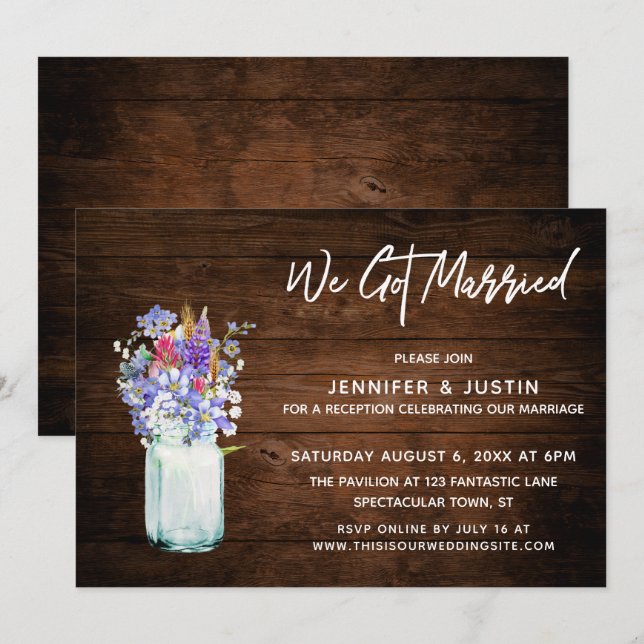 Invitation Bois Rustique Nous sommes mariés Fleurs sauvages P (Devant / Derrière)