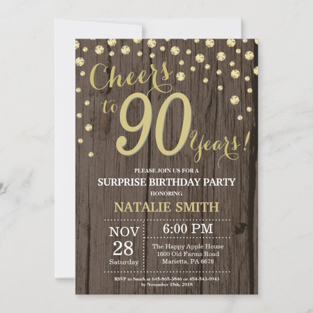 Invitation Bois Rustique Or Surprise 90e Anniversaire Diamant (Devant)