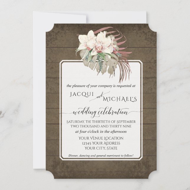 Invitation Bois rustique Orchidée blanche Floral Feuillage tr (Devant)