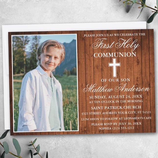 Invitation Bois rustique Photo Première communion sainte (Customize to change text size, text style or to add more text to back of card.)