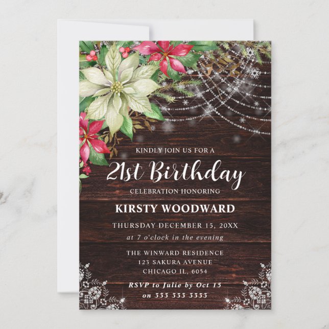 Invitation Bois Rustique & Poinsettia 21e Anniversaire (Devant)