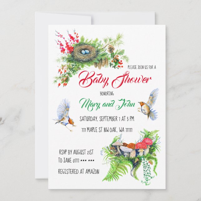 Invitation Bois rustique Robin des oiseaux avec Baby shower d (Devant)