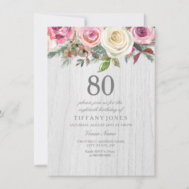 Invitation Bois rustique Rose blanche Floral 80e anniversaire (Devant)