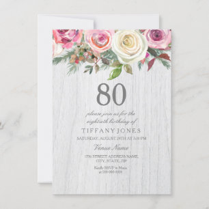 Invitation Bois rustique Rose blanche Floral 80e anniversaire