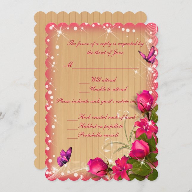 Invitation Bois rustique rose floral papillon Mariage réponse (Devant / Derrière)