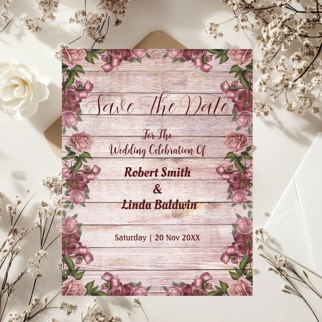 Invitation Bois Rustique Rose Floral Pays Enregistrer La Date (Rustic Woodland Roses Floral Country Save The Date Invitation)