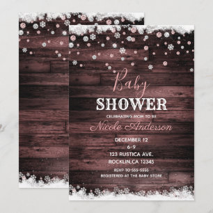 Invitation Bois Rustique Rose Pâle Or Rose Hiver Neige Baby S