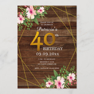 Invitation Bois rustique rose Parties scintillant d'or floral