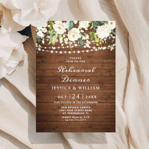 Invitation Bois rustique Roses blanches Hydrangea Dîner de ré