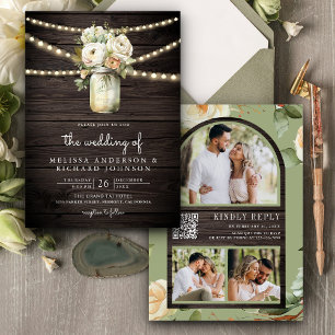 Invitation Bois rustique Roses blanches Mason Jar QR Code Mar