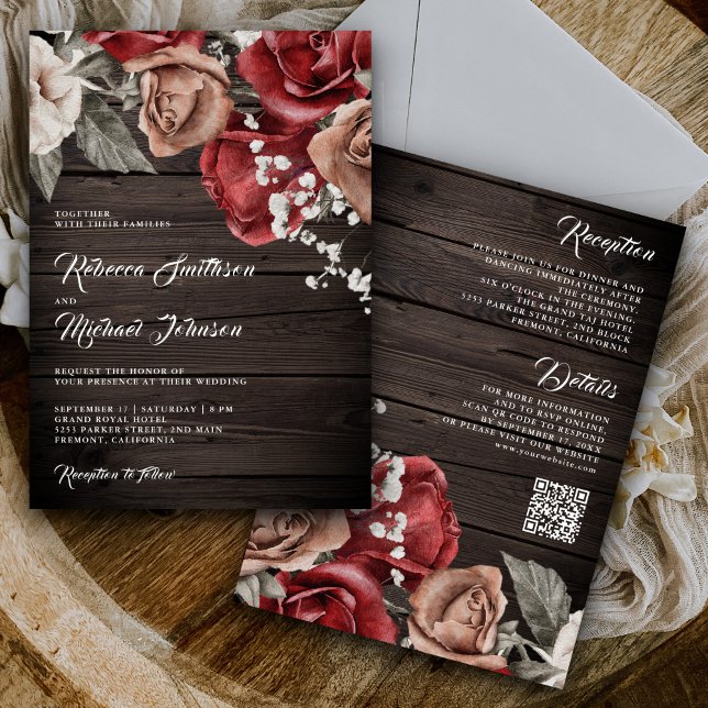 Invitation Bois rustique Roses de Bourgogne Code QR Mariage (Créateur téléchargé)