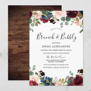Invitation Bois rustique Rouge Bourgogne Floral Brunch & Bubb