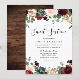 Invitation Bois rustique Rouge Bourgogne Floral Sweet 16 Part