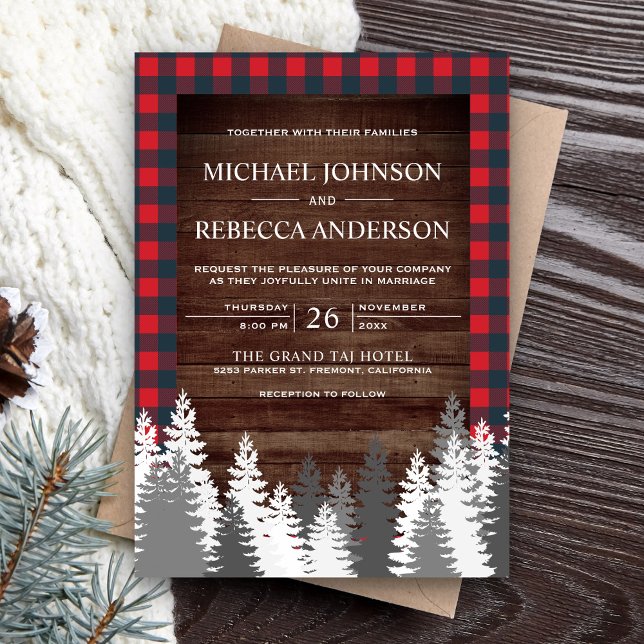 Invitation Bois rustique Rouge Buffalo Plaid Blanc Pine Maria (Créateur téléchargé)