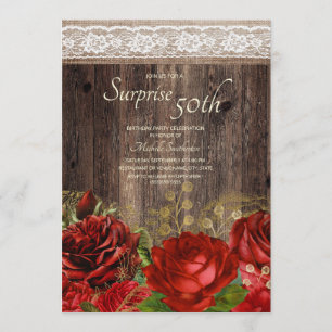 Invitation Bois rustique rouge fleurs dorées toile de jute su