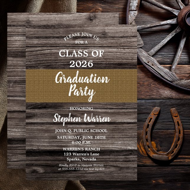 Invitation Bois rustique toile de jute Fête de remise des dip (Non Photo Graduation Invitation Rustic Barn Wood & Burlap Class of 2026)