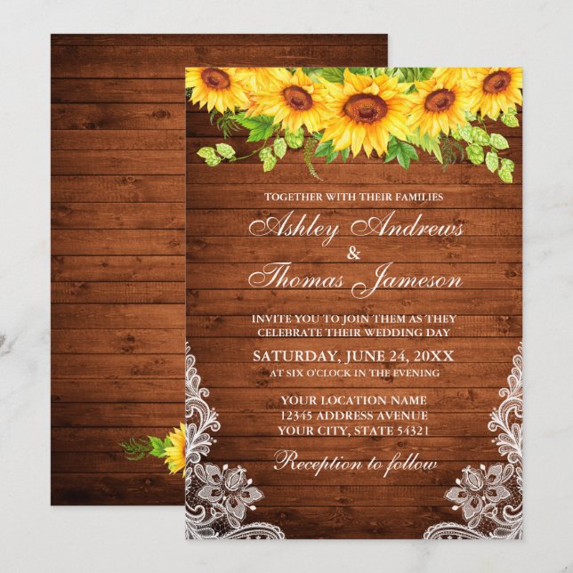 Invitation Bois rustique tournesol floral verdure dentelle (Devant / Derrière)