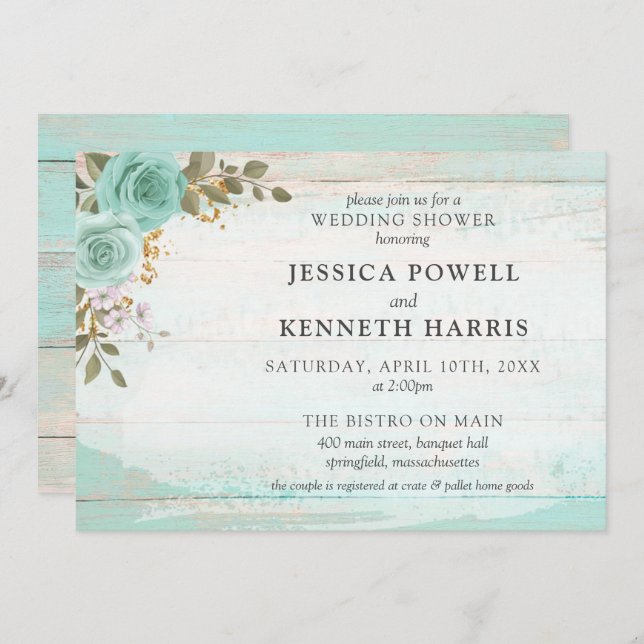 Invitation Bois rustique Turquoise Floral Couple Wedding show (Devant / Derrière)