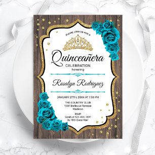 Invitation Bois rustique Turquoise or blanc Quinceanera