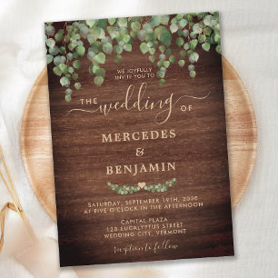 Invitation Bois rustique vert Mariage d'or Eucalyptus