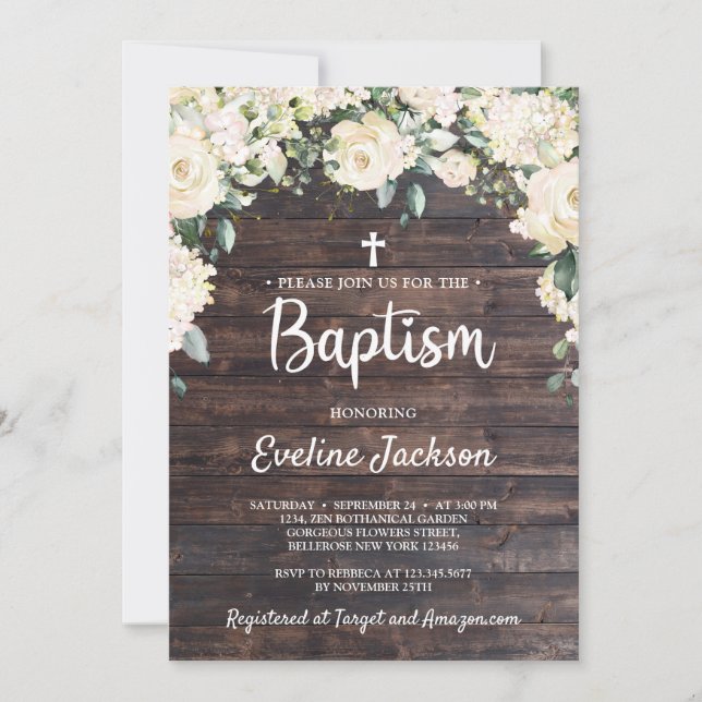 Invitation Bois rustique vintage verdure blanc fleuri baptême (Devant)