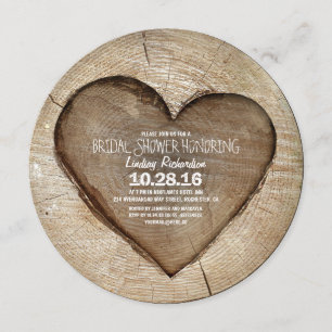 Invitation Bois sculpté rustique coeur de bois douche nuptial