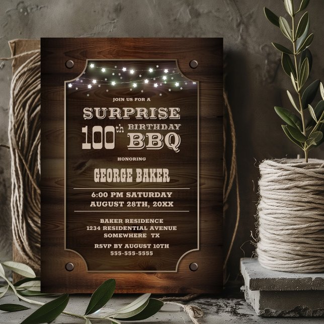 Invitation Bois Surprise 100e anniversaire BBQ (Créateur téléchargé)