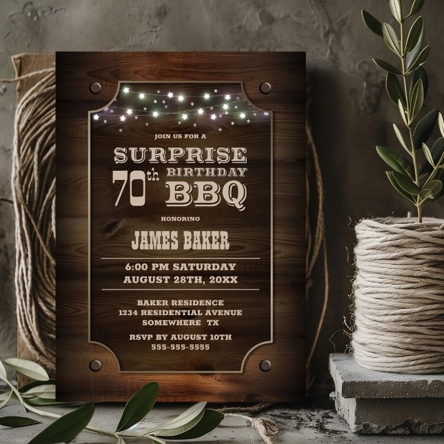 Invitation Bois Surprise 70e anniversaire BBQ (Créateur téléchargé)