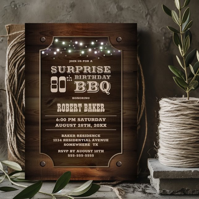 Invitation Bois Surprise 80e anniversaire BBQ (Créateur téléchargé)