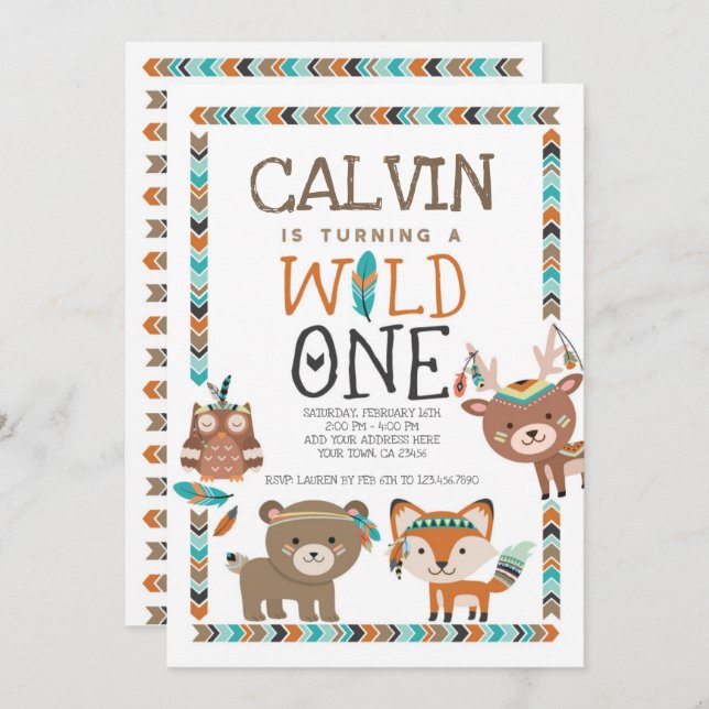 Invitation Bois tribal, Sauvageon, 1er Anniversaire (Devant / Derrière)