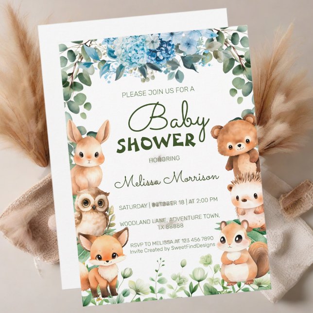 Invitation Bois Végétation Florale Forêt Baby shower animal (Woodland Floral Greenery Forest Animal Baby Shower Invitation)