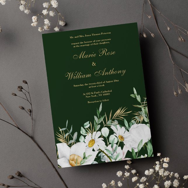 Invitation Bois vert blanc or marguerites Mariage floral (Forest green white gold daisies floral Wedding )
