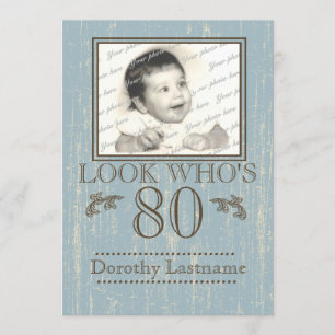 Invitation Bois vieilli 80e anniversaire Photo Bleu