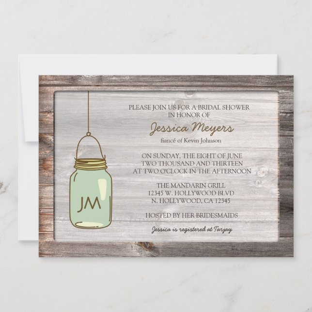 Invitation Bois vieilli avec Fête de l'mariée de Mason Jar (Devant)